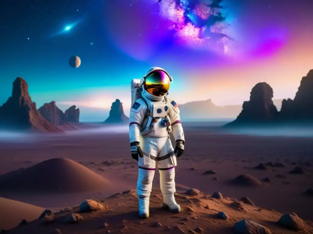 Un astronauta en un traje espacial futurista en un planeta alienígena, reflejando un paisaje iridiscente