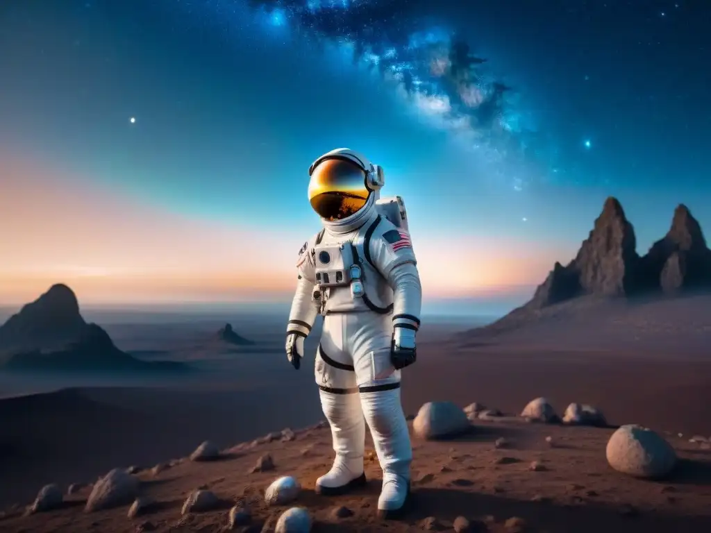 Un astronauta en un traje espacial futurista está en un planeta alienígena rocoso y desolado, con una galaxia masiva brillante en el cielo estrellado