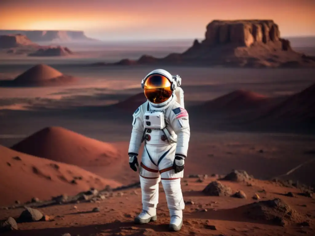 Un astronauta en traje espacial futurista blanco y plateado, explorando Marte con soluciones robóticas para exploración espacial