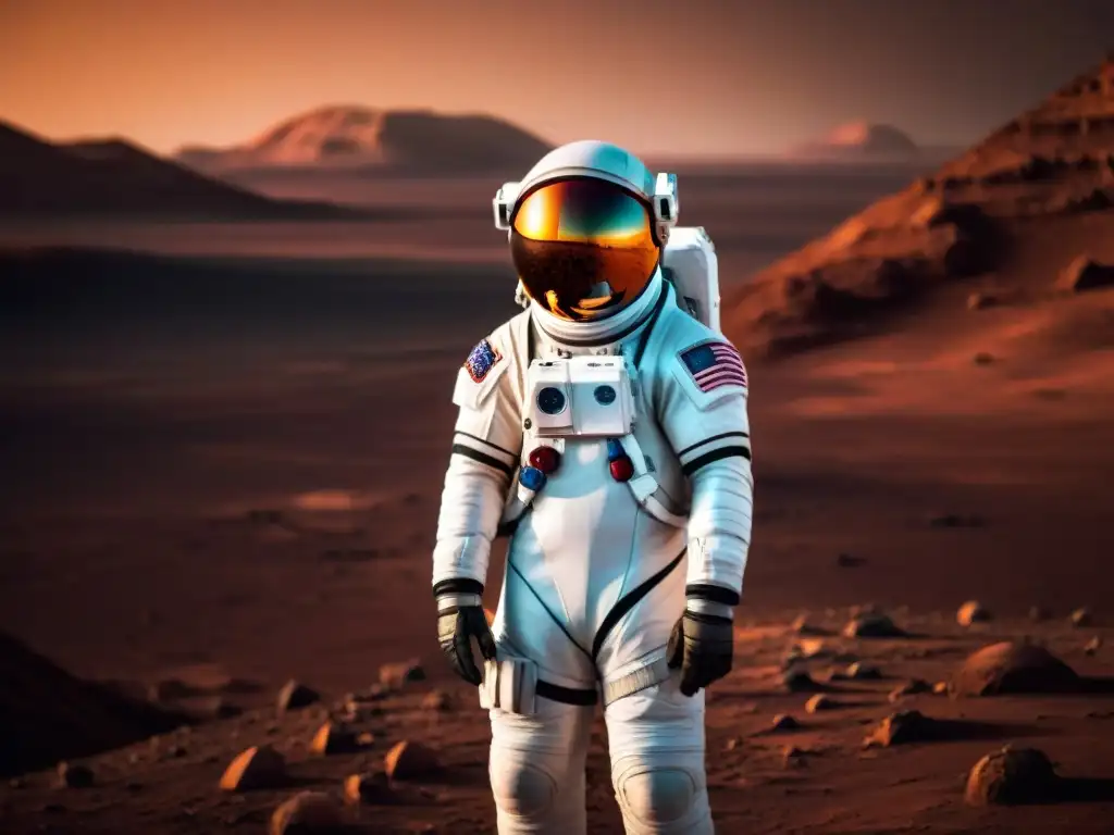 Un astronauta en un traje espacial futurista en Marte al atardecer