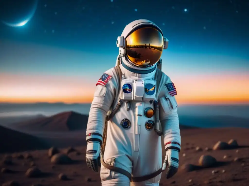 Un astronauta en un traje espacial futurista frente al cosmos estrellado