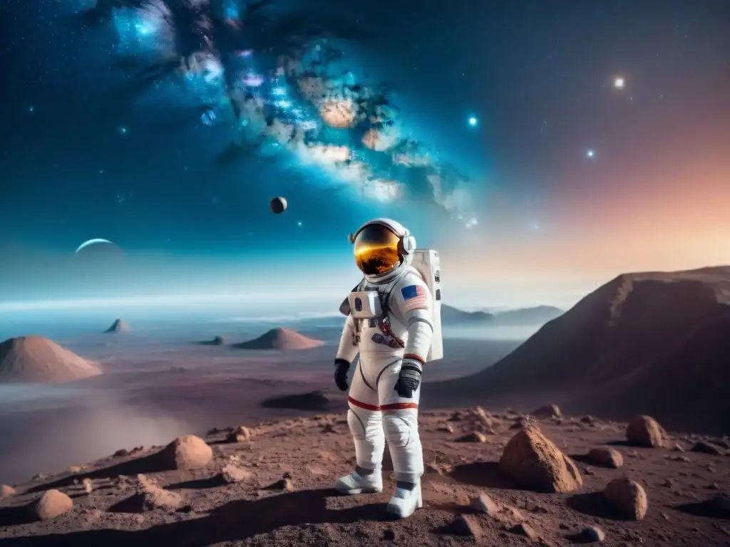 Un astronauta en un traje espacial futurista se encuentra en un planeta rocoso distante, con galaxias y nebulosas