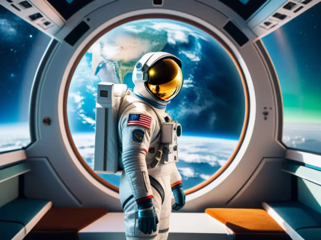 Un astronauta en traje espacial futurista frente a la Tierra desde el espacio