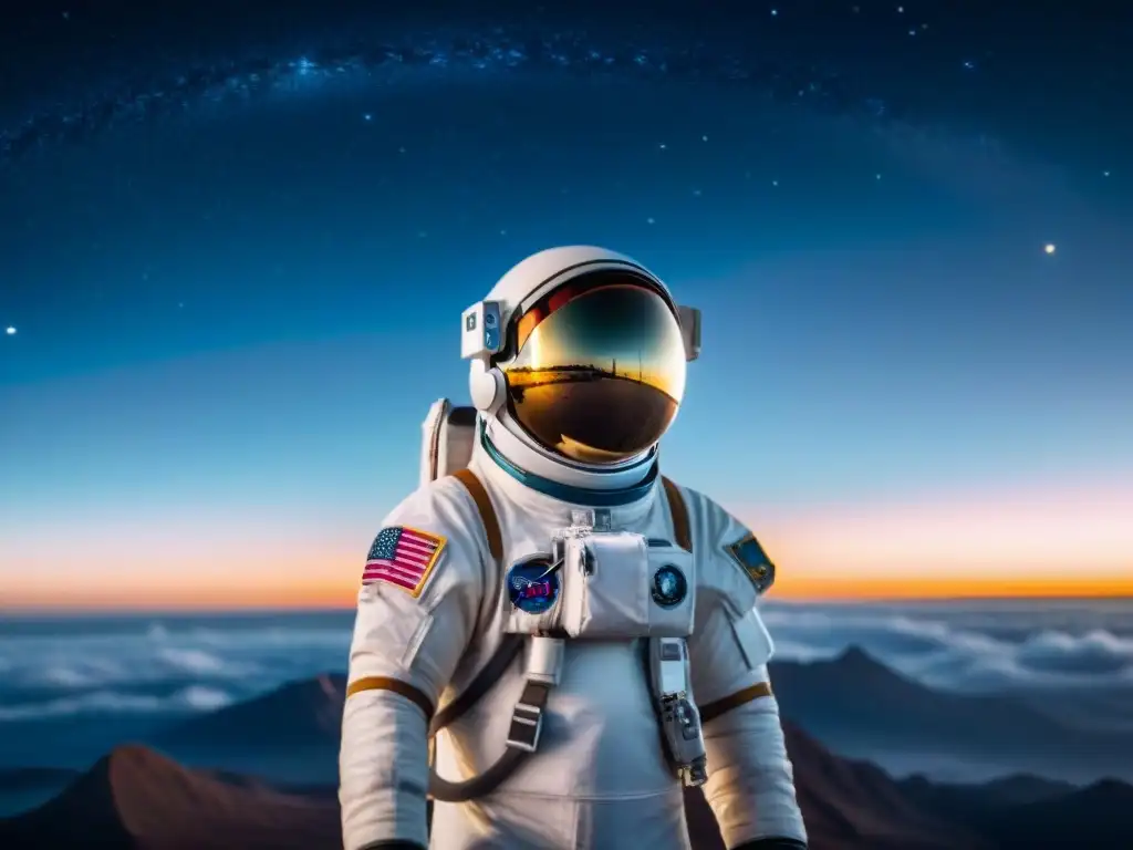 Astronauta en traje espacial futurista, reflejando la Tierra desde el espacio, transmitiendo el impacto psicológico de los viajes espaciales