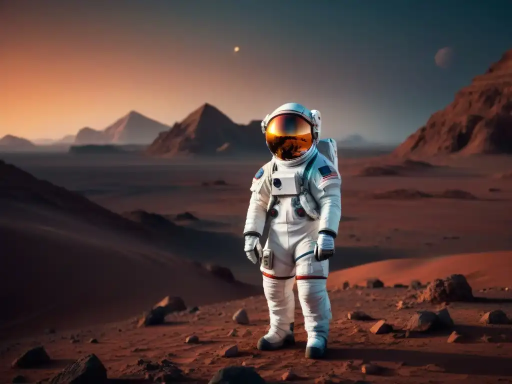 Un astronauta en traje espacial futurista solo en Marte al atardecer, simbolizando el ajuste psicológico después de misiones espaciales