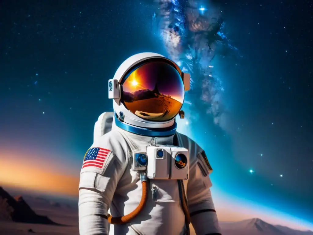 Un astronauta en traje espacial futurista frente a la galaxia, reflejando nebulosas y planetas distantes