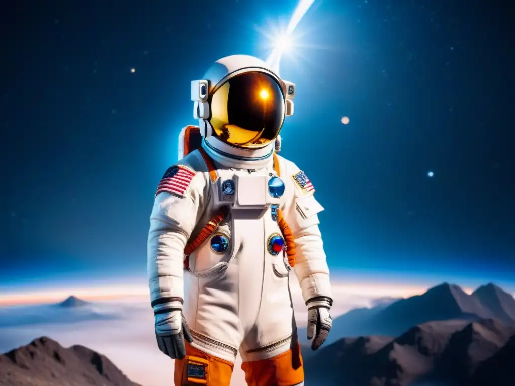 Astronauta en traje espacial futurista frente a una galaxia estrellada, reflejando 'Diseño de indumentaria espacial innovador'