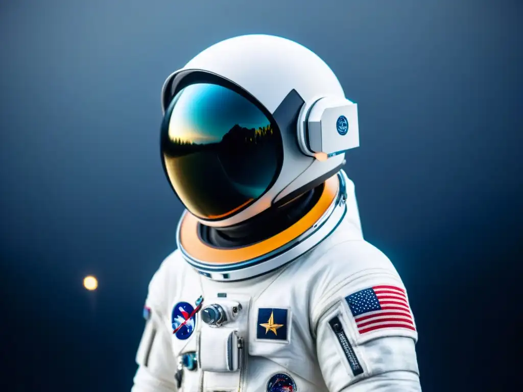 Un astronauta flotando en traje espacial futurista, destacando el Diseño de indumentaria espacial innovador