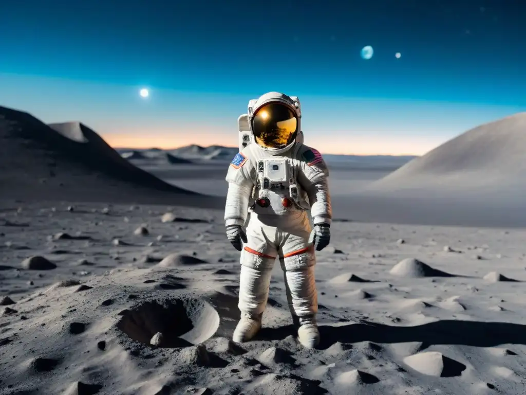 Un astronauta en traje espacial futurista, descubriendo ruinas lunares en la luna