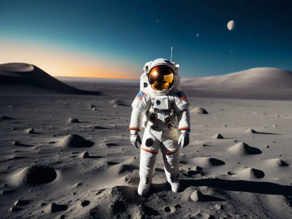 Un astronauta en un traje espacial futurista explora la Luna, con la Tierra de fondo