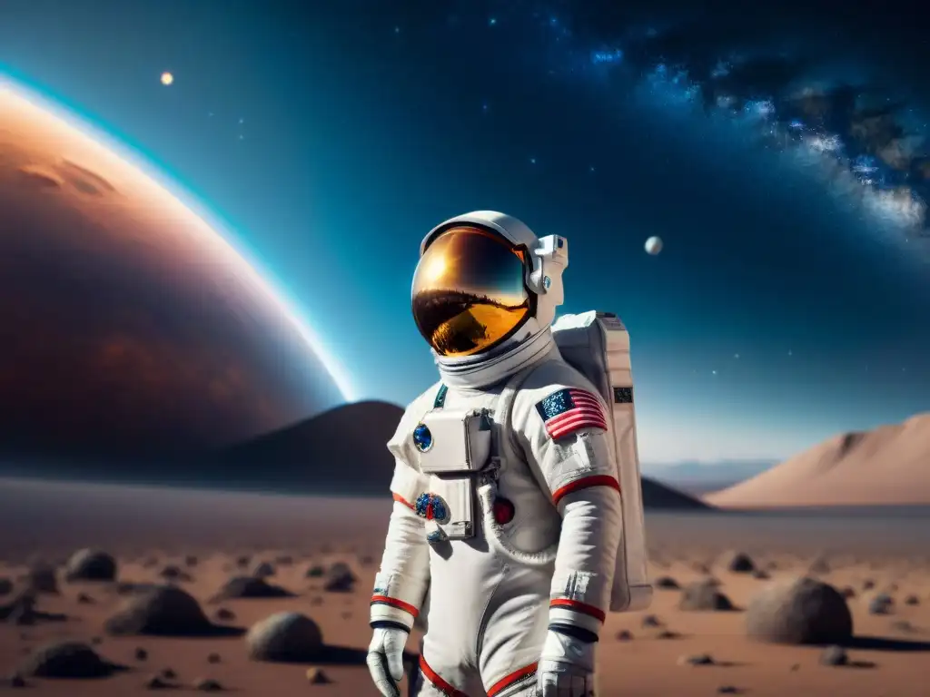 Astronauta futurista contempla el cosmos estelar Un astronauta en traje espacial futurista frente a un cosmos estrellado, con detalles brillantes y tecnología avanzada
