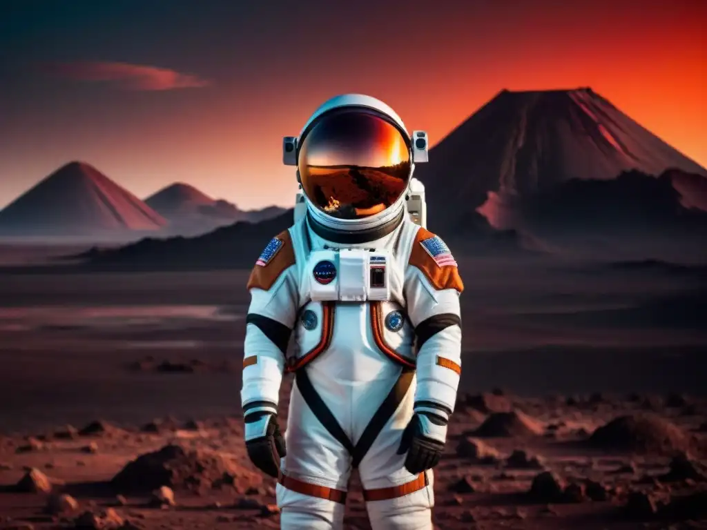 Un astronauta en un traje espacial futurista diseñado para la exploración de Marte, con el imponente volcán Olympus Mons al fondo