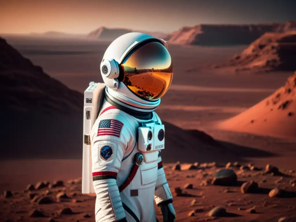 Exploración espacial en Marte: visión futurista del astronauta Un astronauta con traje espacial futurista en Marte, con tecnología avanzada y paisaje marciano
