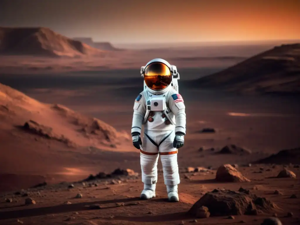 Un astronauta en traje espacial futurista contempla Marte al atardecer