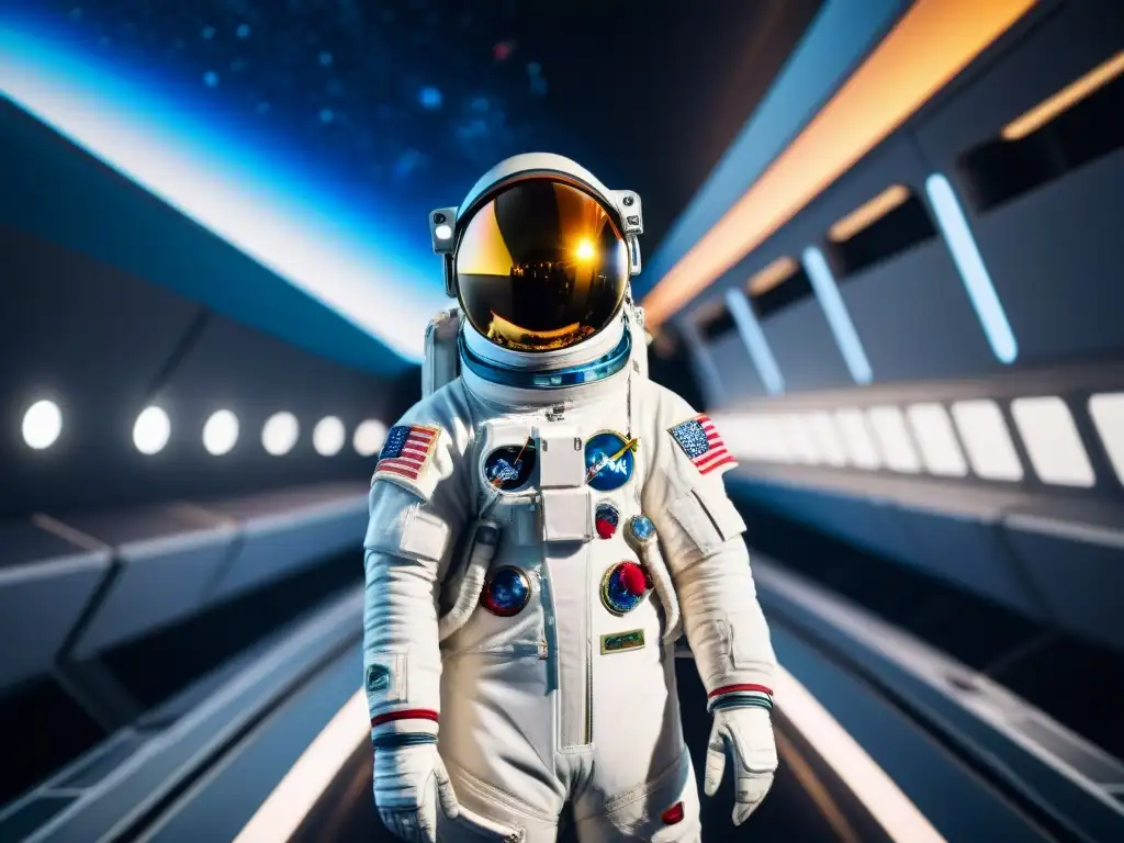 Un astronauta en un traje espacial futurista, destacado en un bullicioso puerto espacial