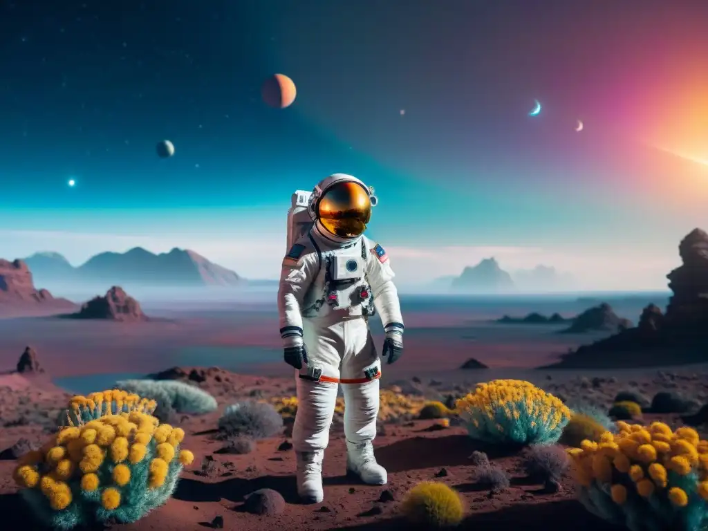 Un astronauta en un traje espacial futurista en un planeta alienígena, rodeado de vida exótica y un cielo de colores vibrantes