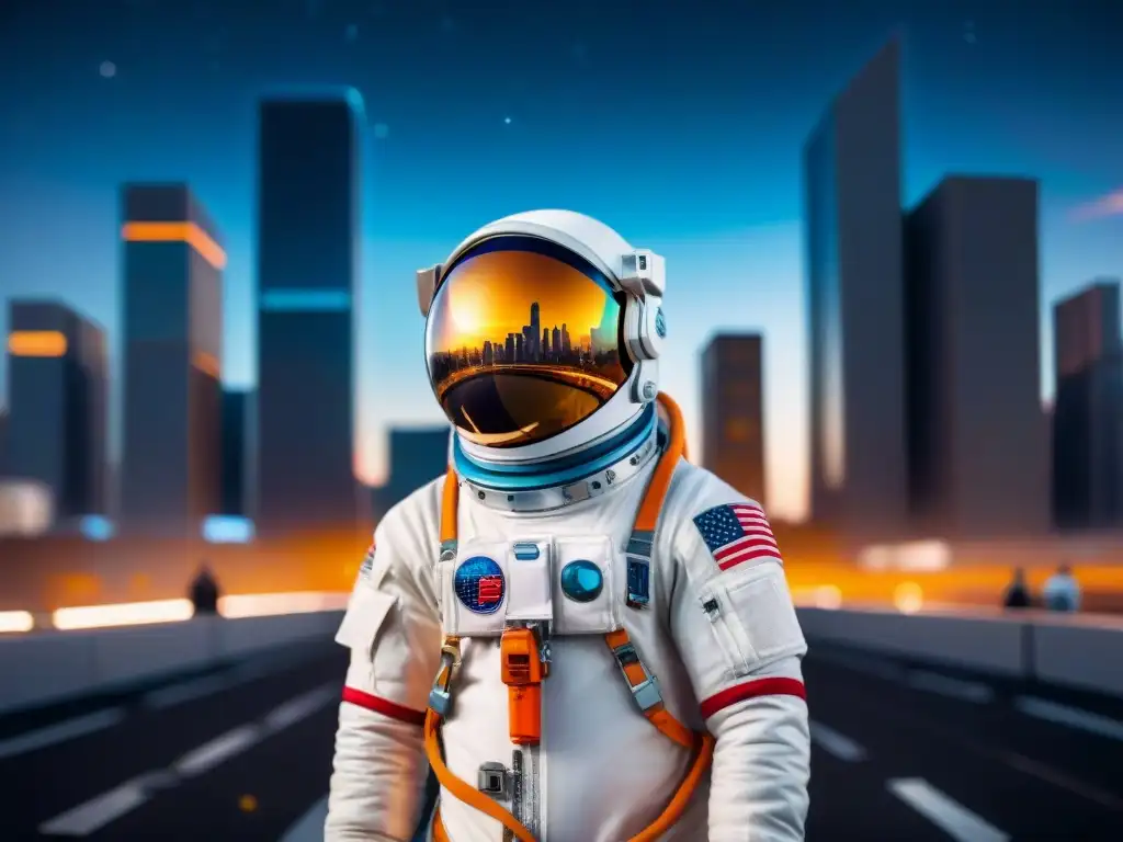 Astronauta urbano: fusión futurista en la ciudad nocturna Un astronauta en traje espacial futurista, con graffiti urbano, frente a una ciudad nocturna