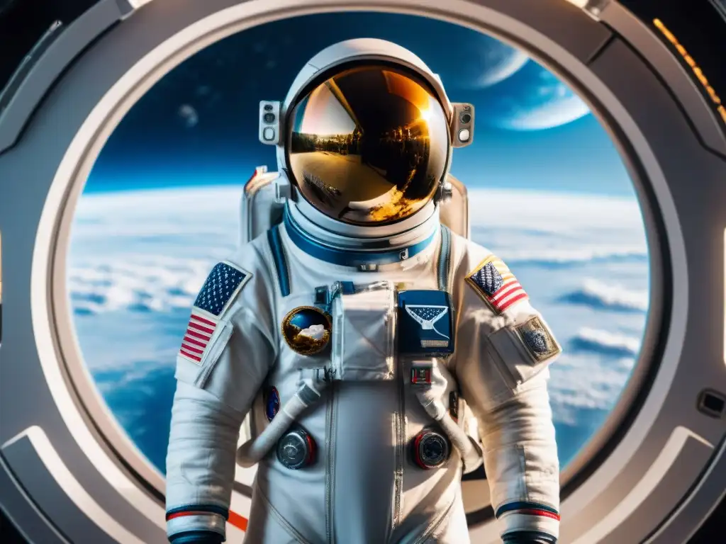 Un astronauta en traje espacial futurista frente a ventana espacial con la Tierra al fondo