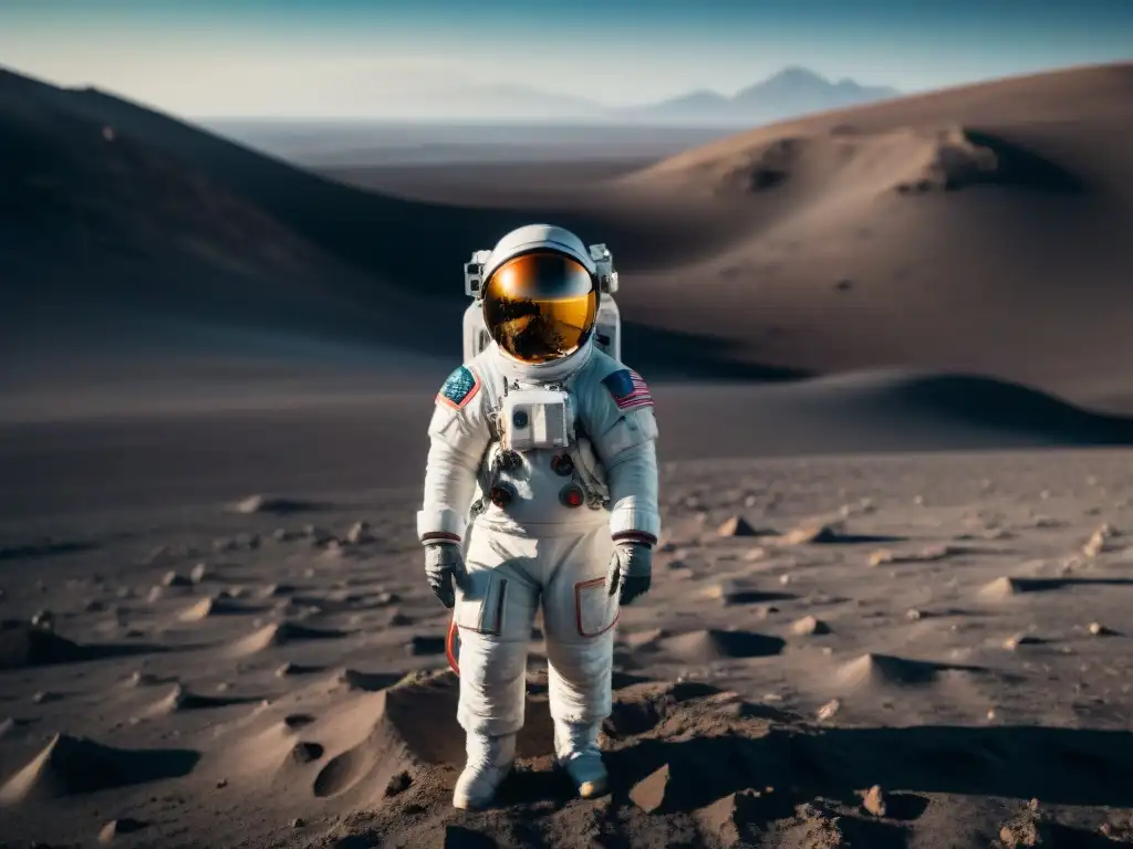 Un astronauta en traje espacial futurista en la Luna con la Tierra de fondo, resaltando el control de temperatura en trajes espaciales