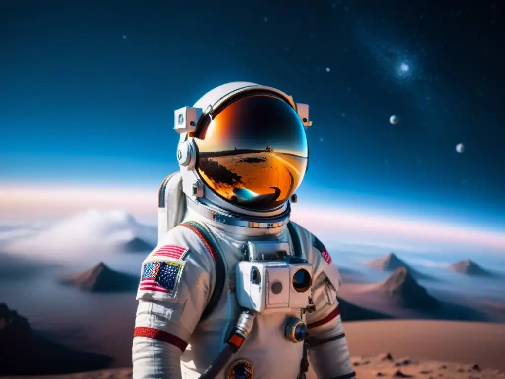 Un astronauta en traje espacial futurista frente a un universo estrellado, reflejando galaxias