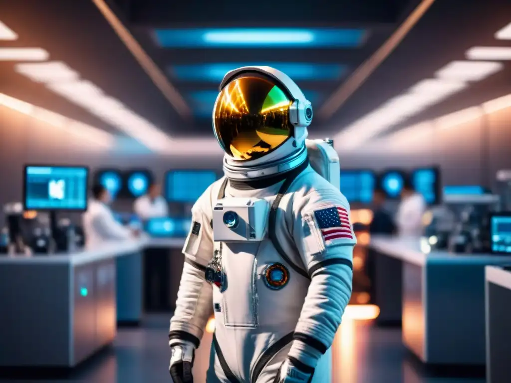 Un astronauta en traje espacial futurista en un laboratorio de alta tecnología con diseño innovador