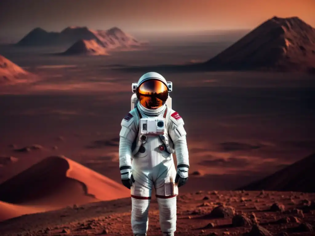 Un astronauta en un traje espacial futurista en Marte, reflejando la soledad y la asombrosa tecnología requerida para explorar el planeta rojo