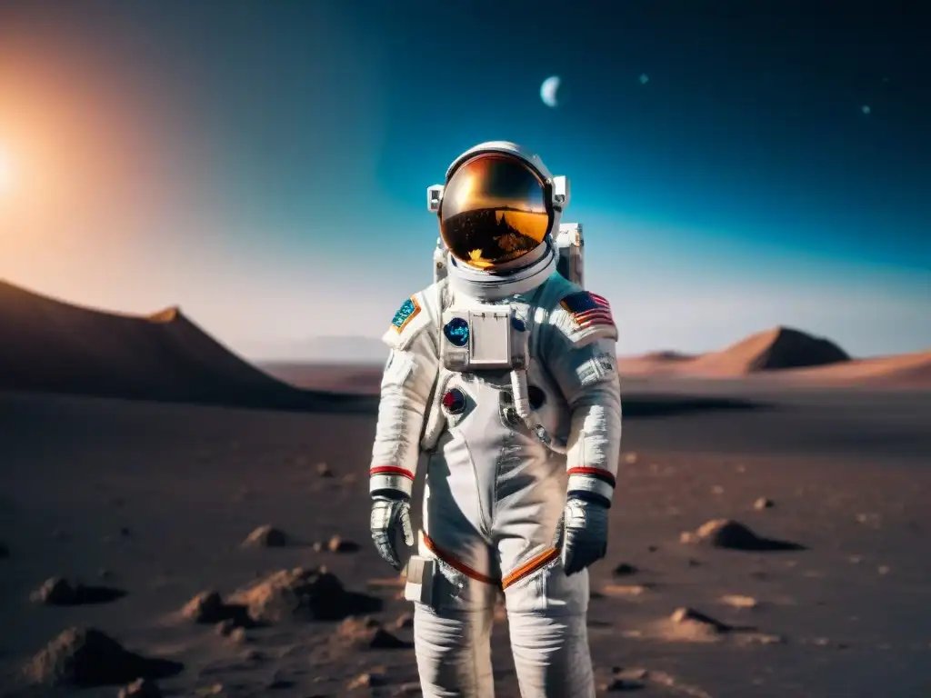 Un astronauta en traje espacial futurista y sostenible, frente a un paisaje lunar desolado