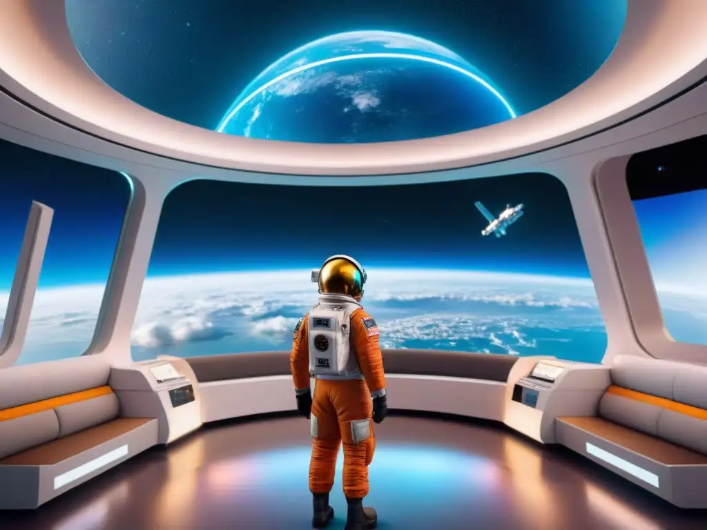 Un astronauta en un traje espacial interactúa con un holograma en una estación espacial futurista con Avances en sistemas de visualización