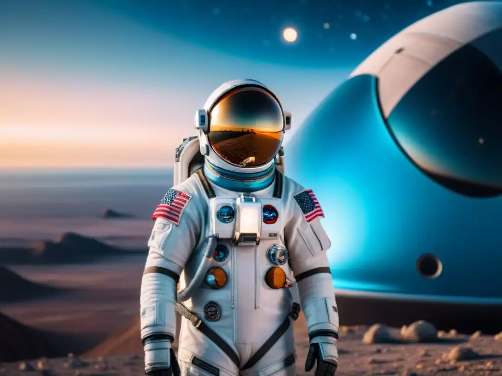 Un astronauta con traje espacial con IA frente a nave espacial futurista en el universo