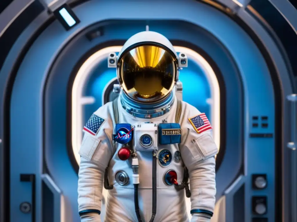 Astronauta en traje espacial moderno en cámara de vacío hightech realizando experimentos en ambiente espacial simulado