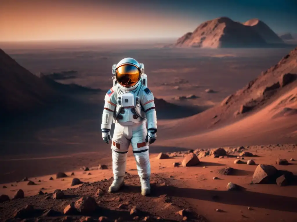 Explorador en Marte: visión épica del futuro espacial Un astronauta en traje espacial moderno en Marte, mirando al cielo estrellado con la Tierra en la distancia
