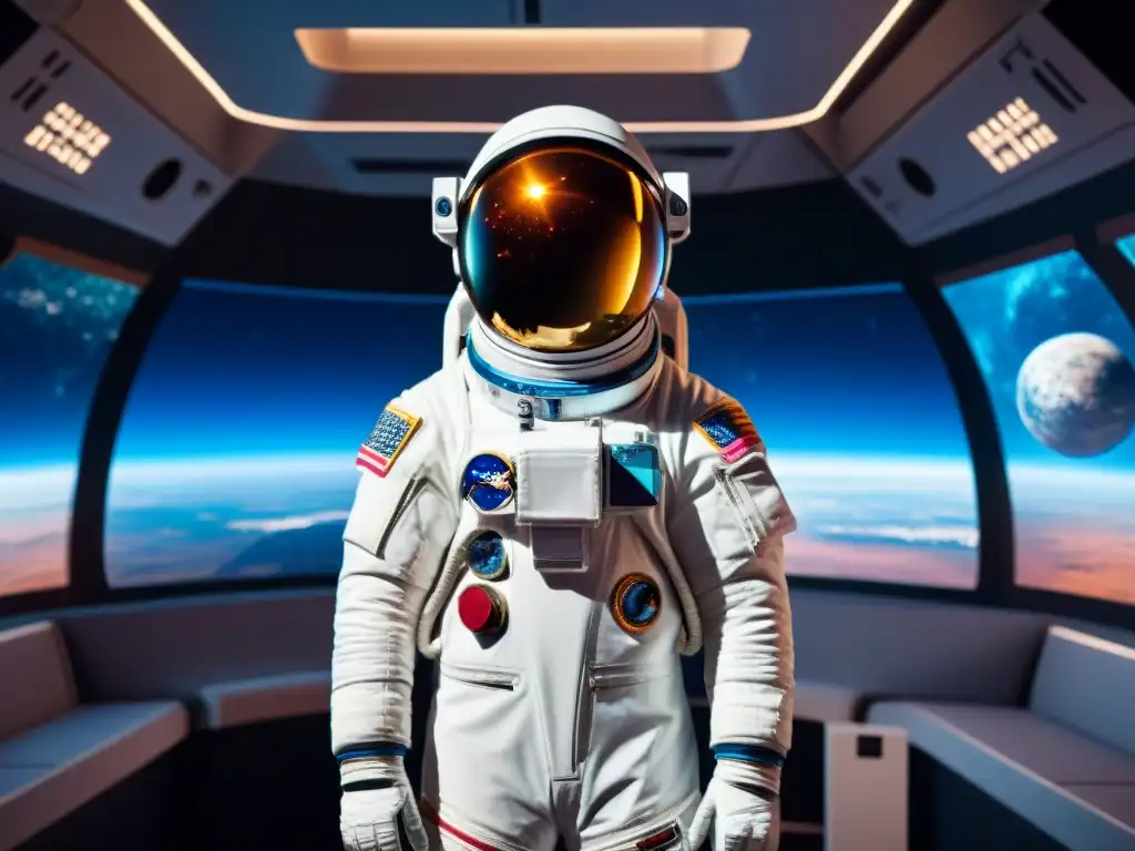 Un astronauta en traje espacial personalizado tecnología, rodeado de elementos avanzados