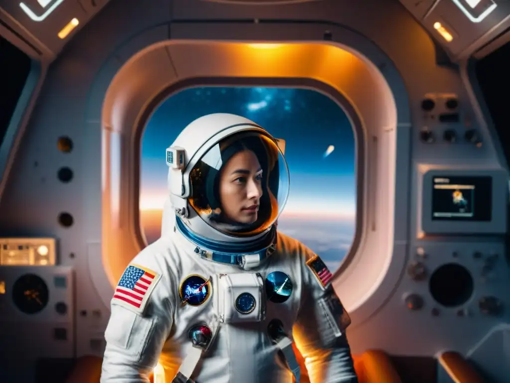 Astronauta en traje espacial, preparativos viaje espacial último minuto, detallando equipo antes del lanzamiento