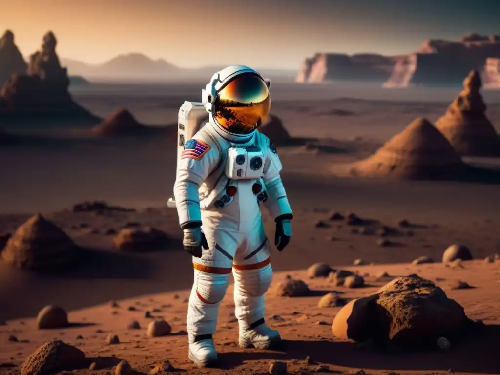 Un astronauta en un traje espacial de próxima generación interplanetario explora un planeta remoto