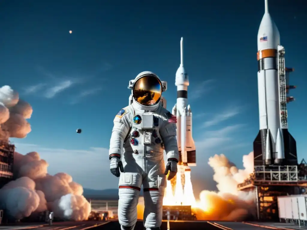 Un astronauta en un traje espacial real frente a un cohete detallado en una plataforma de lanzamiento, con la Tierra de fondo