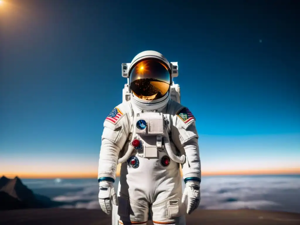 Un astronauta en un traje espacial de última generación, con la Tierra de fondo y detalles de control de temperatura