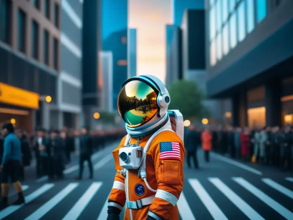 Un astronauta en traje futurista en una calle con moda espacial influenciada por ciencia ficción