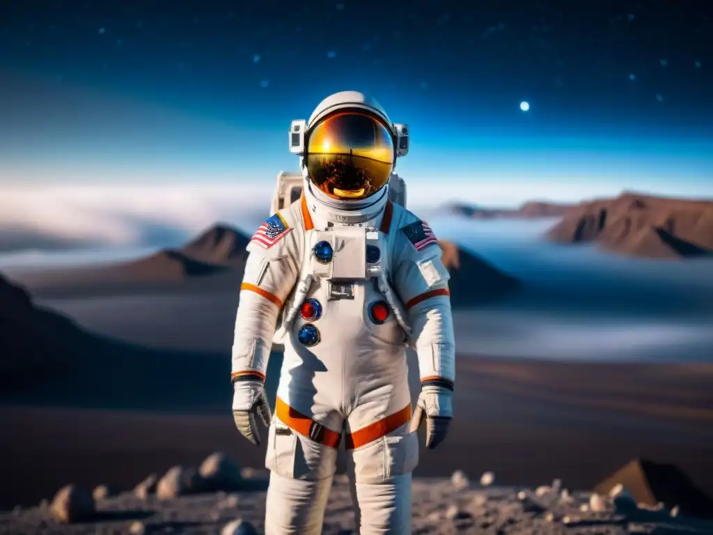 Astronauta con traje futurista en el espacio con protección ante peligros cósmicos