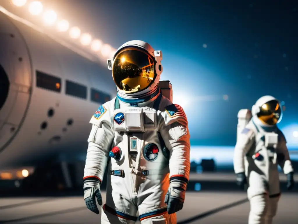 Un astronauta en traje futurista frente a nave espacial reluciente en preparativos viaje espacial último minuto