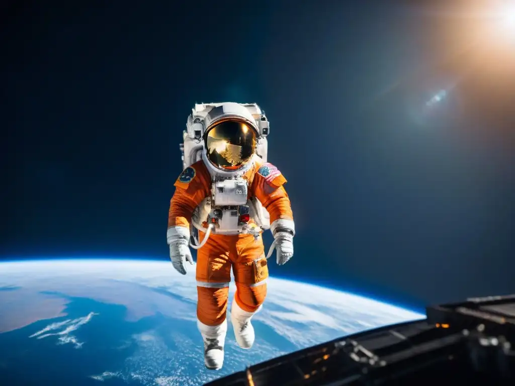 Astronauta en traje naranja flota en el espacio, alcanzando nave espacial dañada