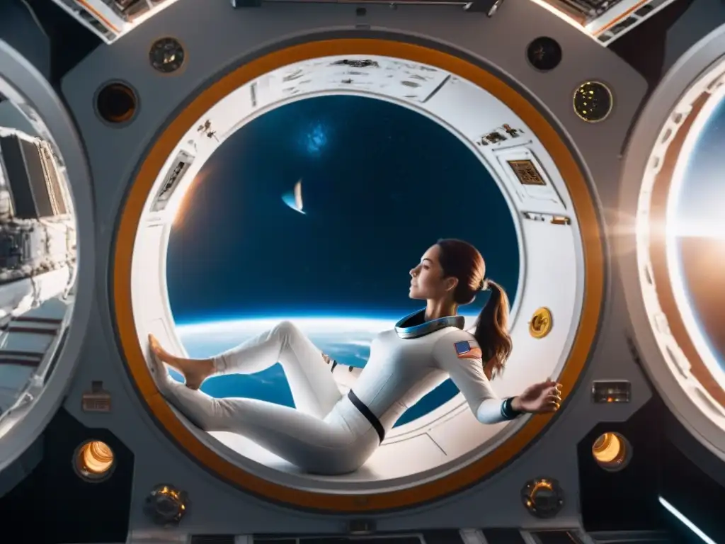 Un astronauta en traje de yoga futurista flota en el espacio, realizando una pose compleja