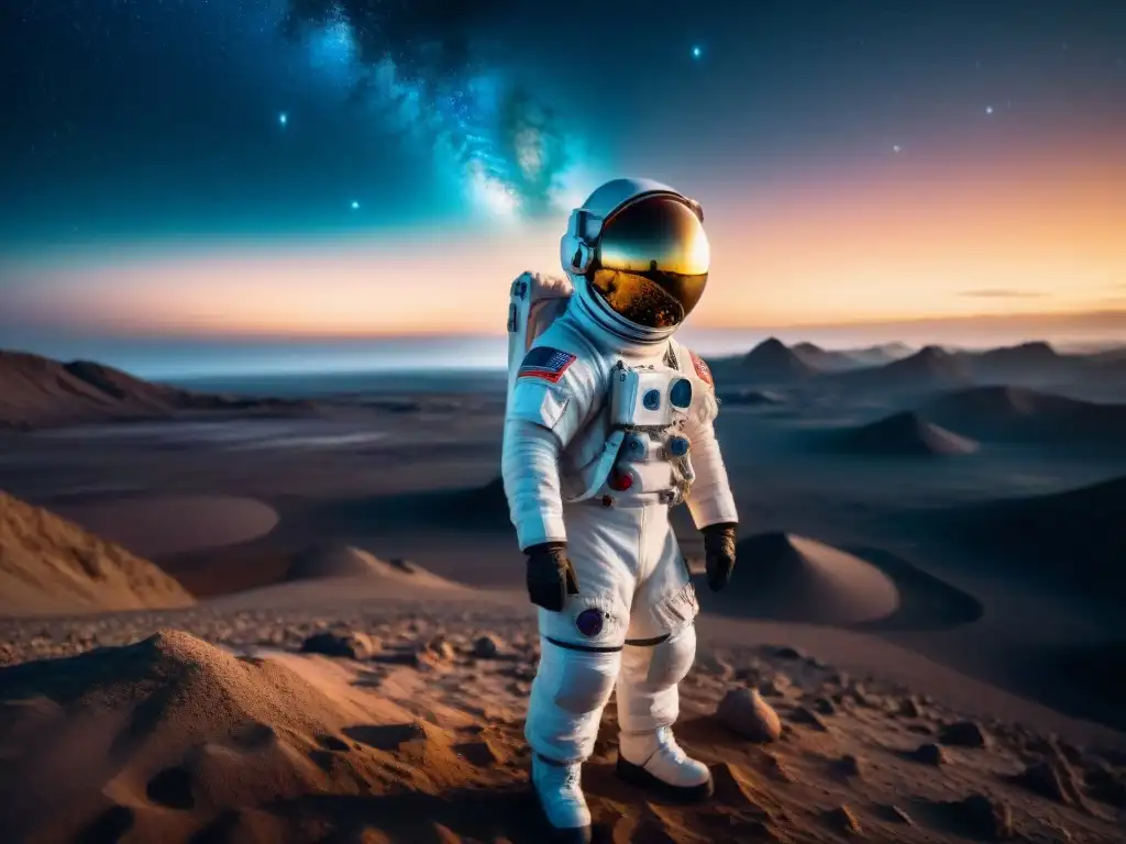 Un astronauta contempla la vastedad cósmica en un paisaje alienígena, reflejando la Ética de encontrar vida extraterrestre