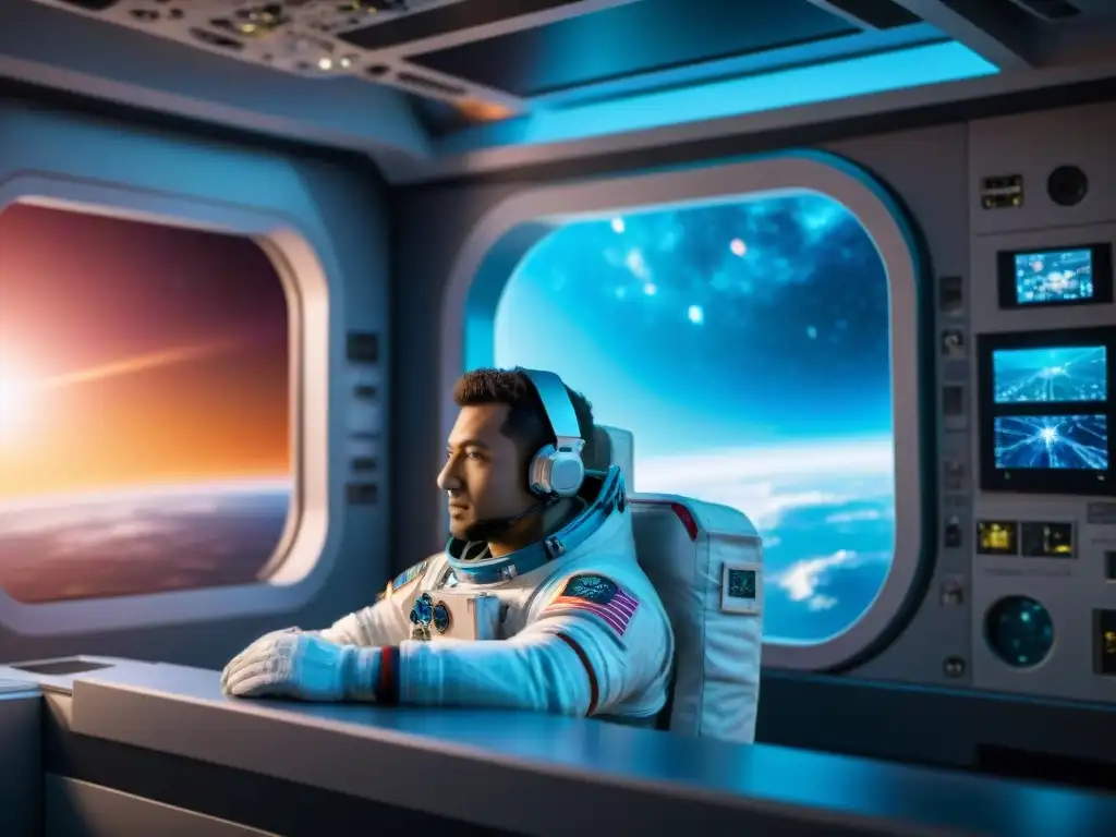 Un astronauta contempla la vastedad del espacio desde una estación espacial, rodeado de equipo médico y monitores futuristas