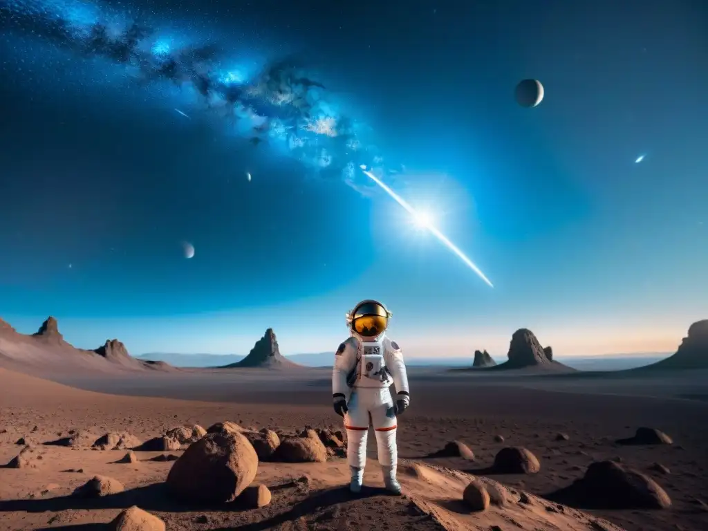 Un astronauta contempla el vasto cielo estrellado desde un planeta alienígena, junto a una nave espacial futurista