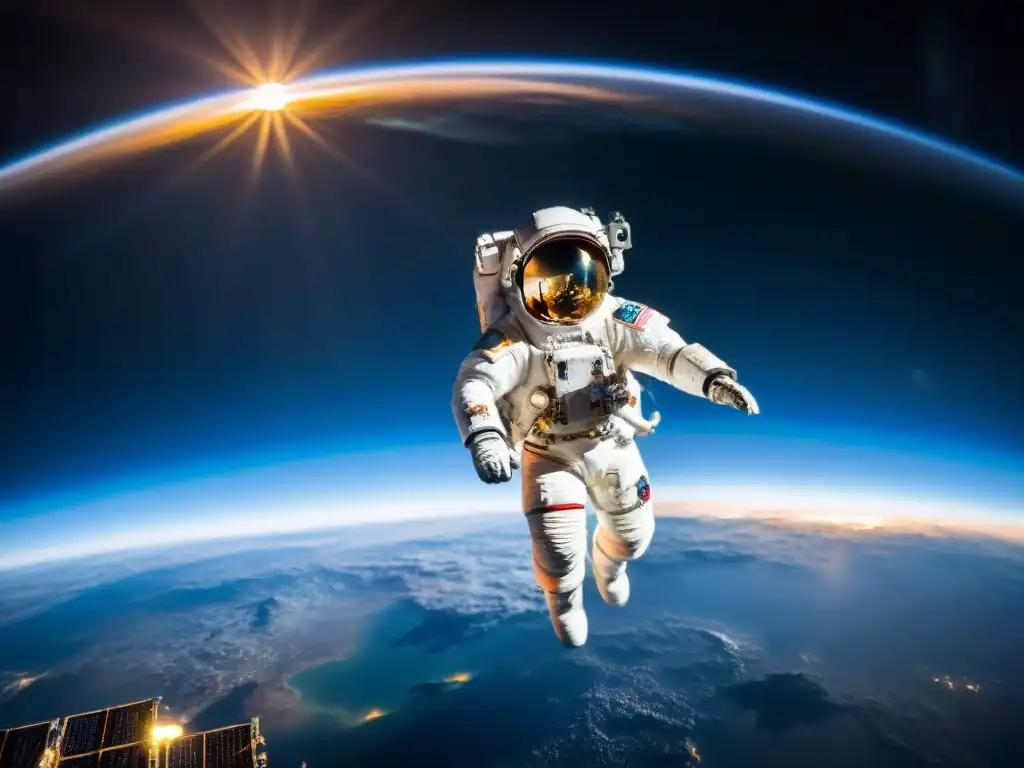 Un astronauta flotando en el vasto espacio exterior, con la Tierra brillando como una magnífica esfera azulyverde