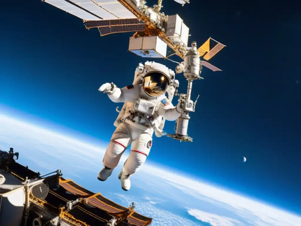 Astronautas realizando una caminata espacial en la Estación Espacial Internacional, con la Tierra de fondo