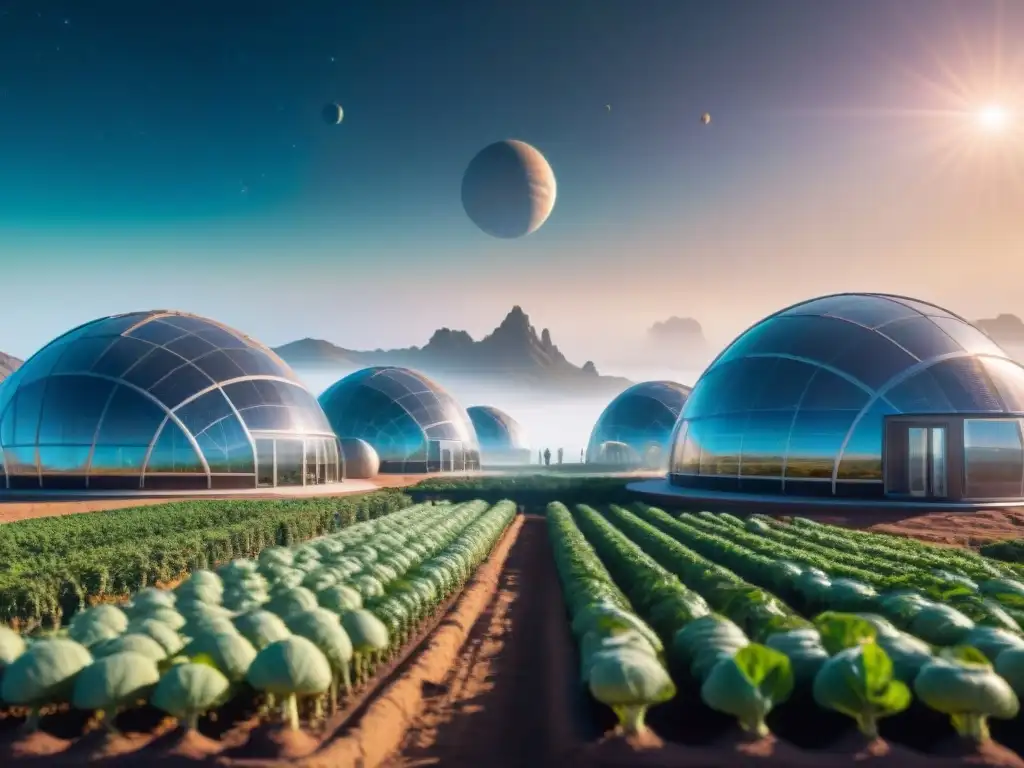 Astronautas cultivan cultivos alienígenas en colonia espacial futurista en planeta distante, destacando agricultura extraterrestre