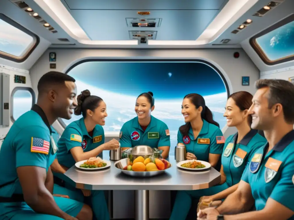 Astronautas de diversas culturas compartiendo una comida en la estación espacial, mostrando convivencia en estaciones espaciales