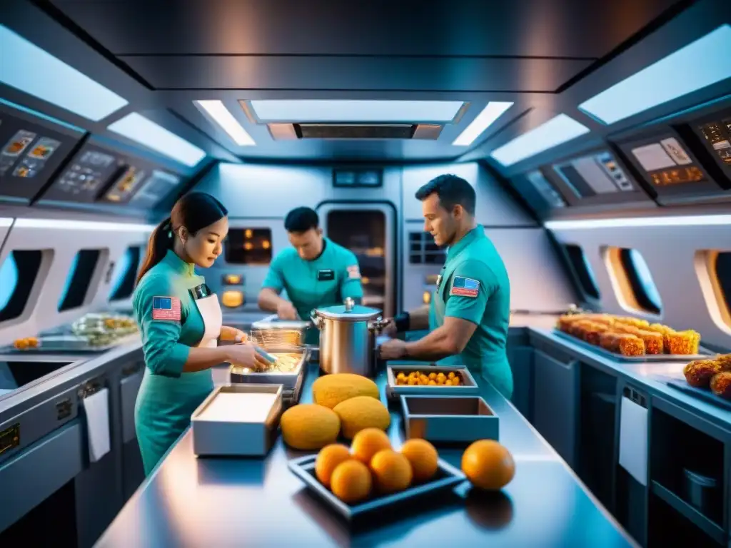 Astronautas disfrutando de una dieta espacial en la cocina futurista de una nave espacial