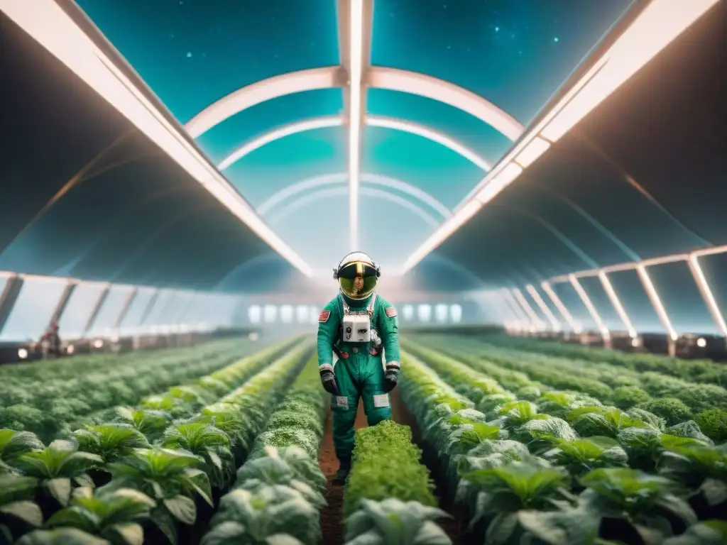 Astronautas cultivando en estación espacial futurista, fusionando tecnología con naturaleza